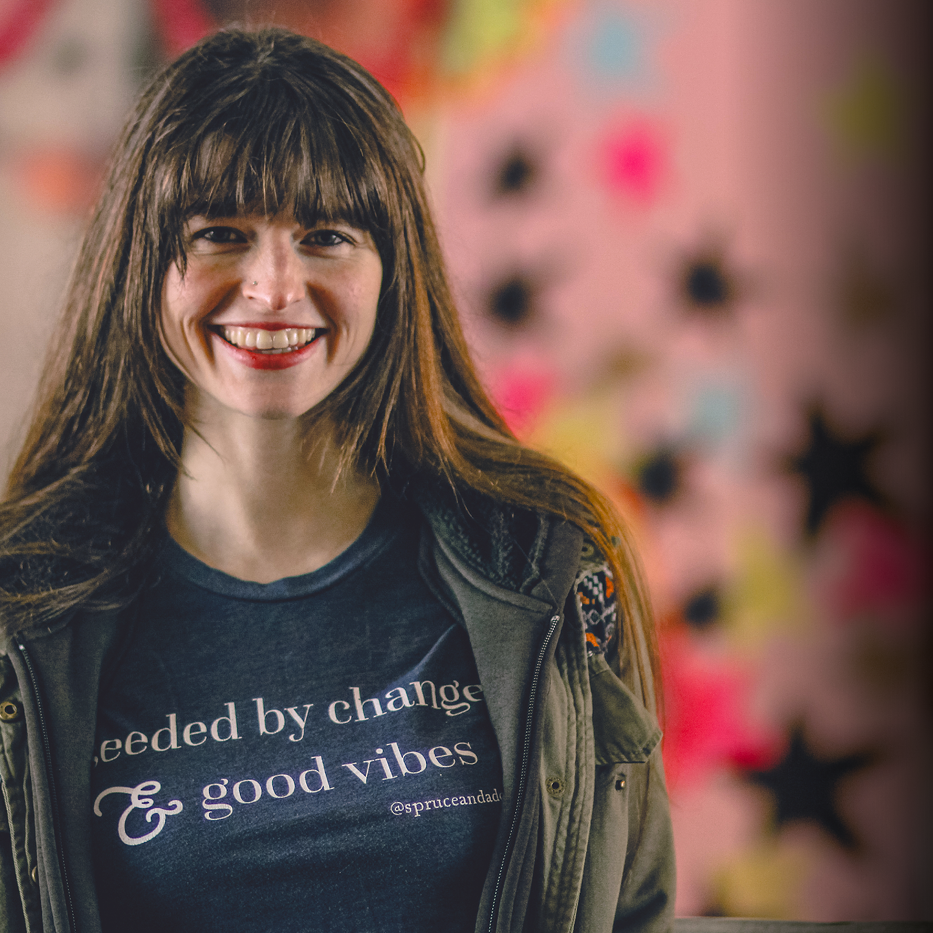 clockwise from left : philadelphia based songstress Christine Elise of duo Kuf Knotz rocking our "seeded by change & good vibes" tee gazing over colorful & confetti like background