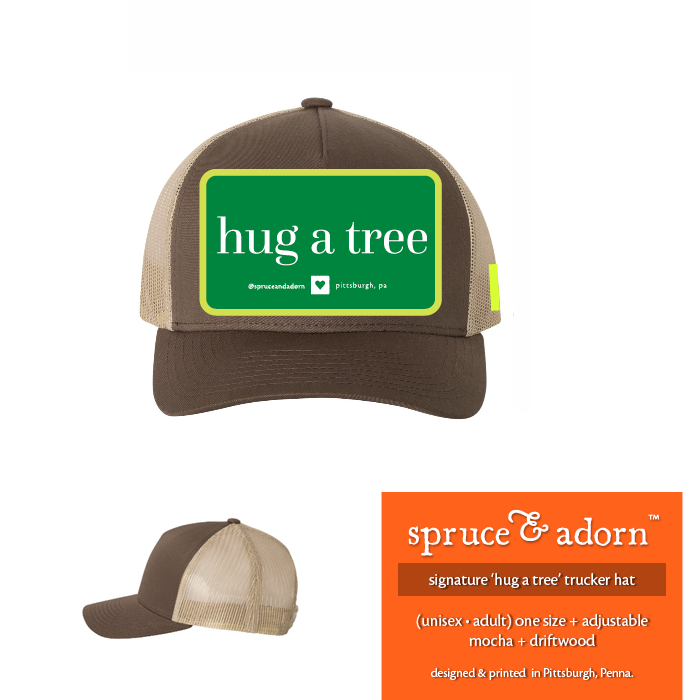 Allow the essence of a 'hug a tree' high profile trucker hat embrace you. This spruce & adorn™ original is available in a mocha driftwood combination.