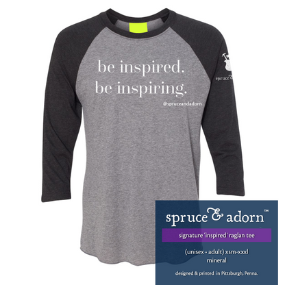 navy description box, overlying mineral colored oversized signature ‘be inspired. be inspiring’ @spruceandadorn hoodie reading : ‘inspired’ hoodie w/pocket’ (unisex • adult) xsm-xxxl mineral with our logo on the left arm patch